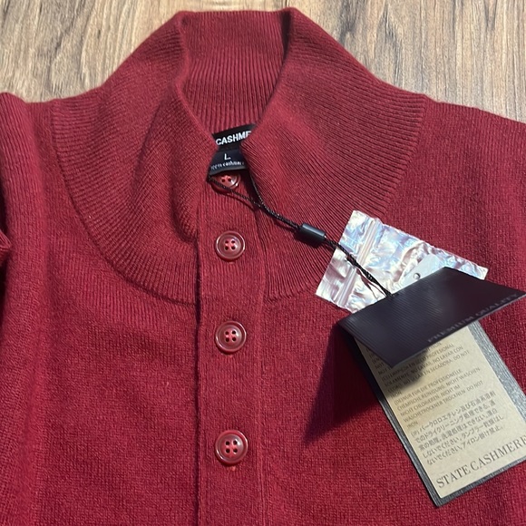 STATE CASHMERE Mock-Neck Quarter Button Polo Sweater Elbow Patch 100% Cashmere L - Picture 13 of 14